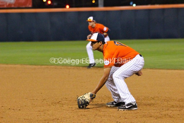 Carlos Lopez awaits the pitch at first.