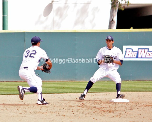 D.J. Crumlich begins to flip the ball to second base.