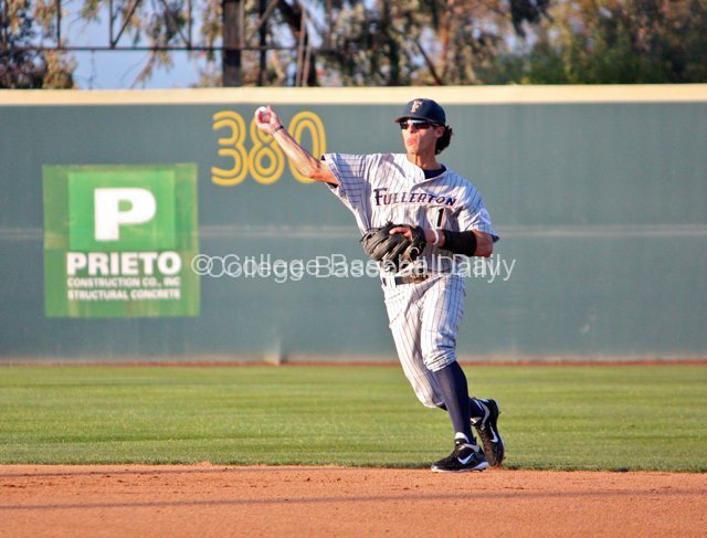Matt Orloff throws to first base.