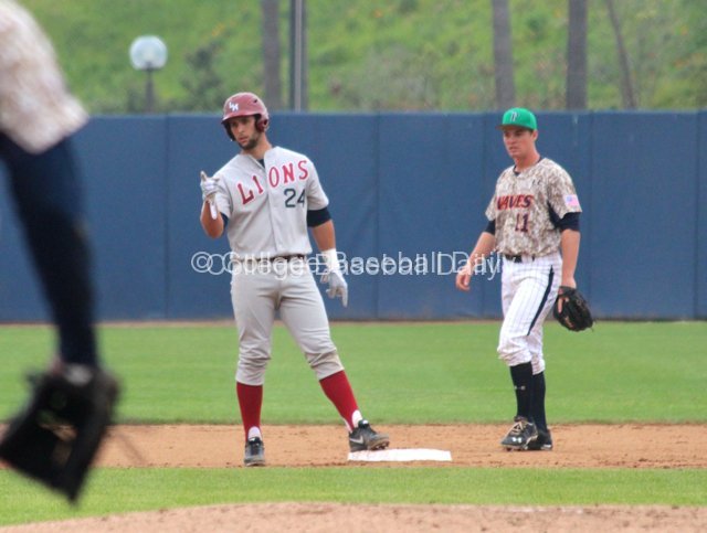 Colton Plaia points to the dugout after an RBI double.