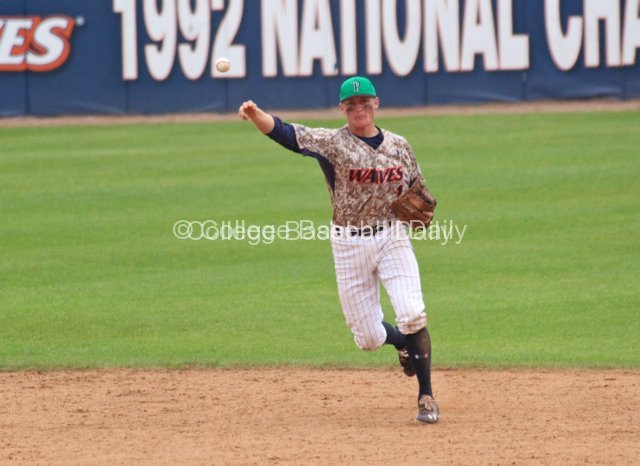 Drew Hacker throws to first.