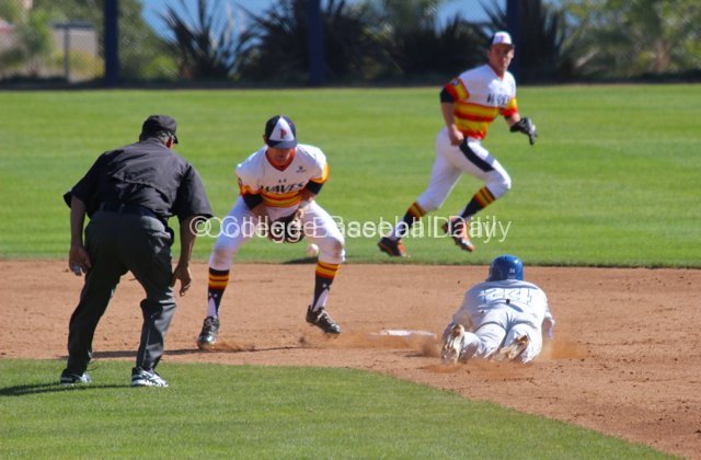Drew Hacker can't control the throw as Scott Kalamar steals.