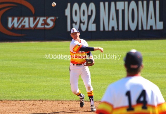 Drew Hacker throws to first.