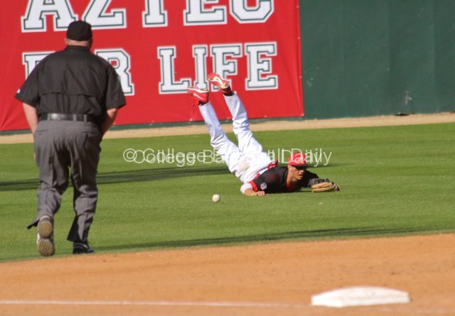 The ball bounces out of Steven Pallares' glove.