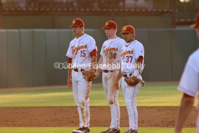 USC infielders watch during a pitching change.