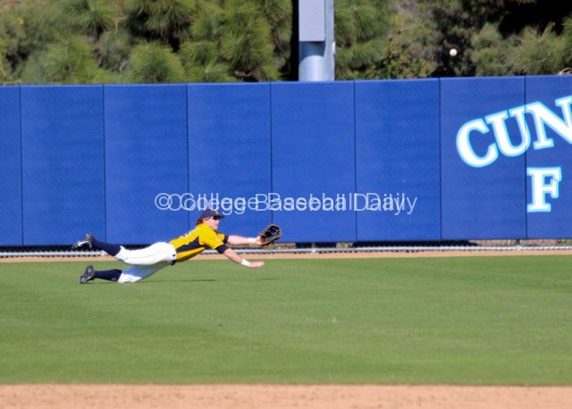 Evan Campbell's dive is well short.